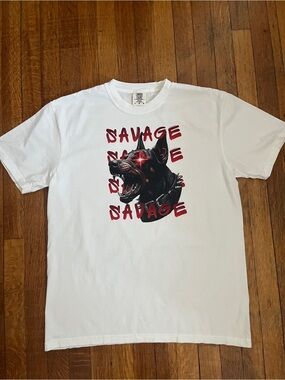 Savage Doberman Metal Teeth Red Eye White T Shirt Size Large Brand New